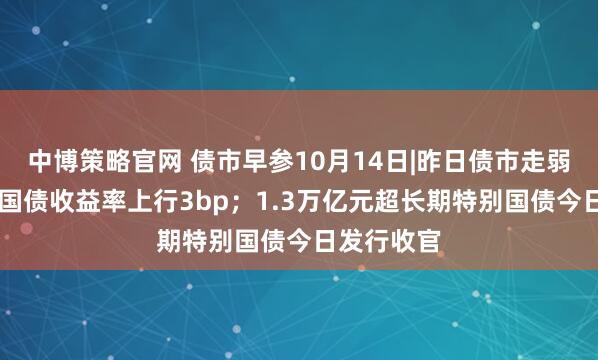 中博策略官网 债市早参10月14日|昨日债市走弱,30年期国债收益率上行3bp;1.3万亿元超长期特别国债今日发行收官